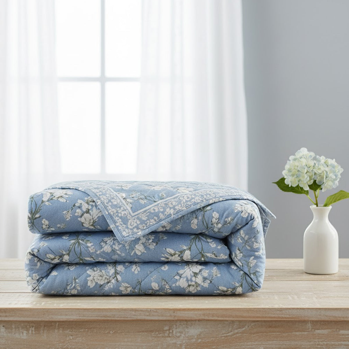 Powder Blue Floral Quilted Pure Cotton Bed Cover Set
