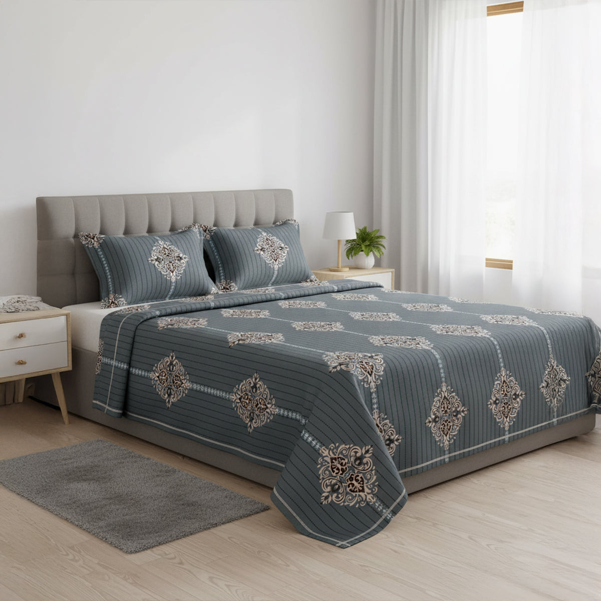 Deep Slate Blue with Classic Ornate Print Bedsheet Set