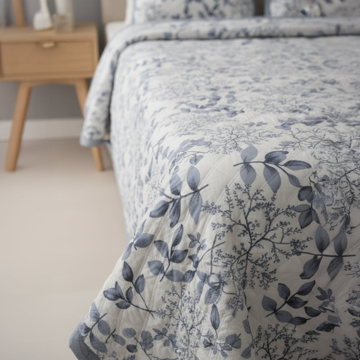 Dusty Blue Botanical Pure Cotton Quilted Bed Cover Set