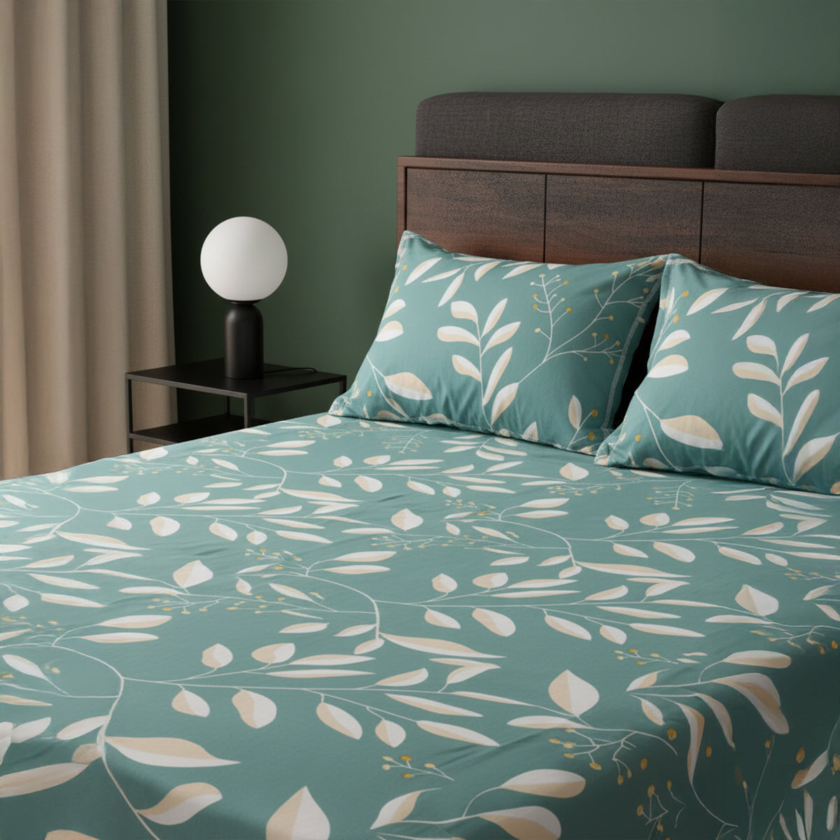 Botanic Sage Green Elastic Cotton Bedsheet Set