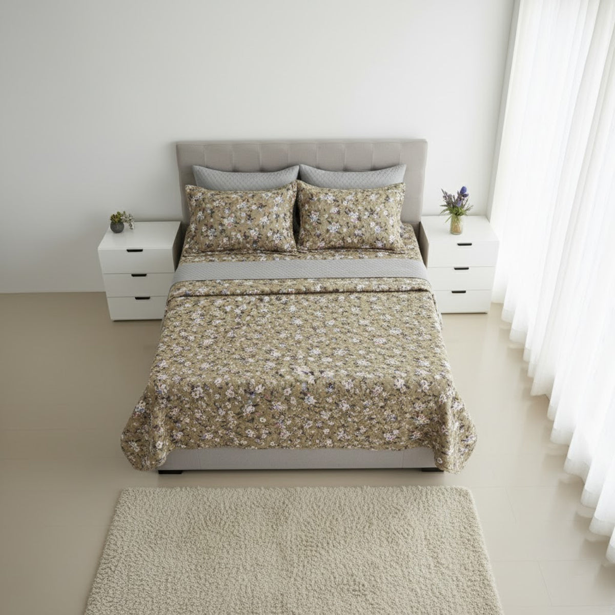 Premium Pure Cotton Quilted Bed Cover Set – Olive Green Floral Design