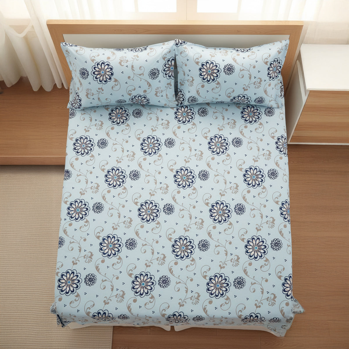 Frost Bloom Ice Blue Elastic Cotton Bedsheet Set
