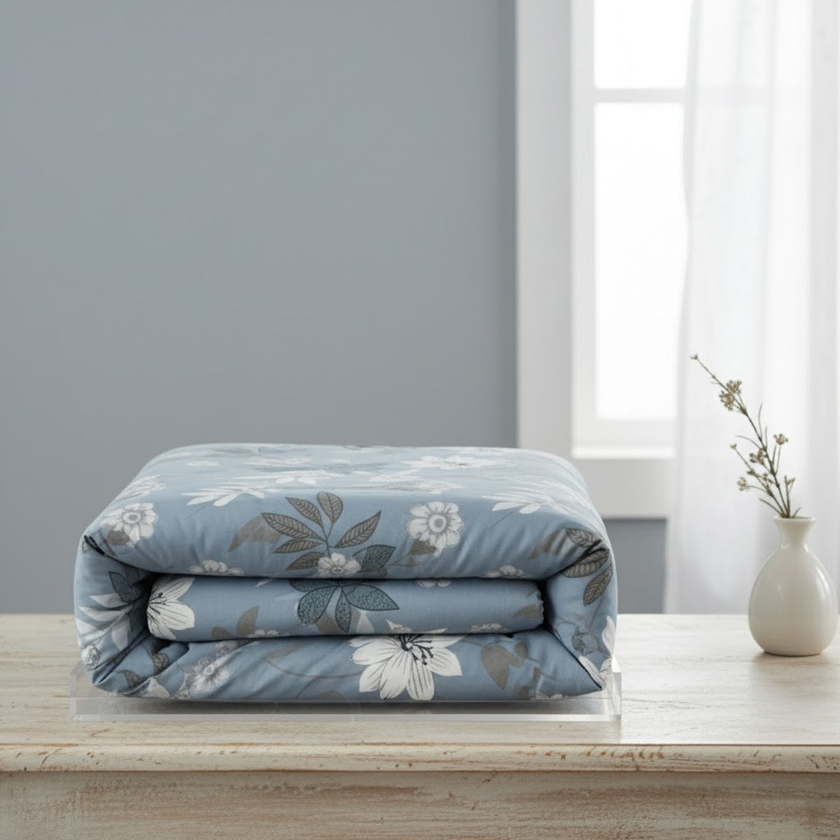 JivaCasa Premium Dusty Blue Floral Cotton Bedsheet Set