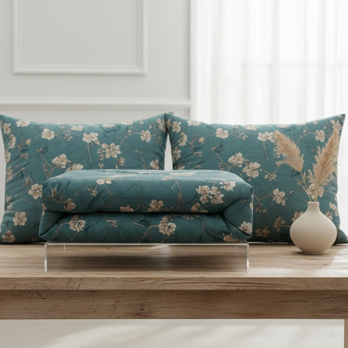 JivaCasa Premium Deep Teal Floral Cotton Bedsheet Set