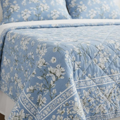 Powder Blue Floral Quilted Pure Cotton Bed Cover Set