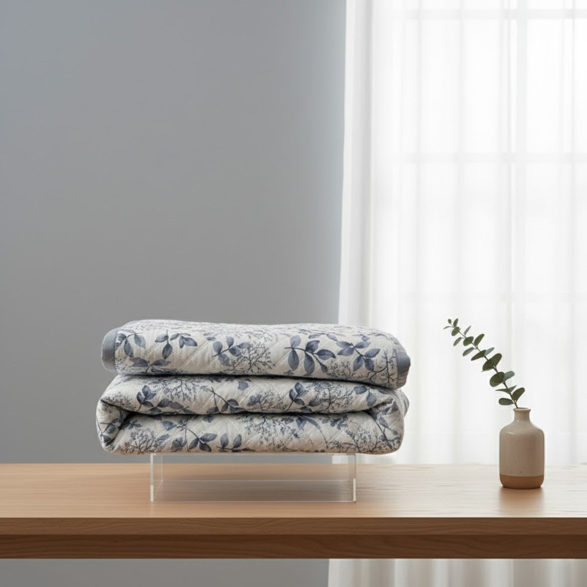 Dusty Blue Botanical Pure Cotton Quilted Bed Cover Set
