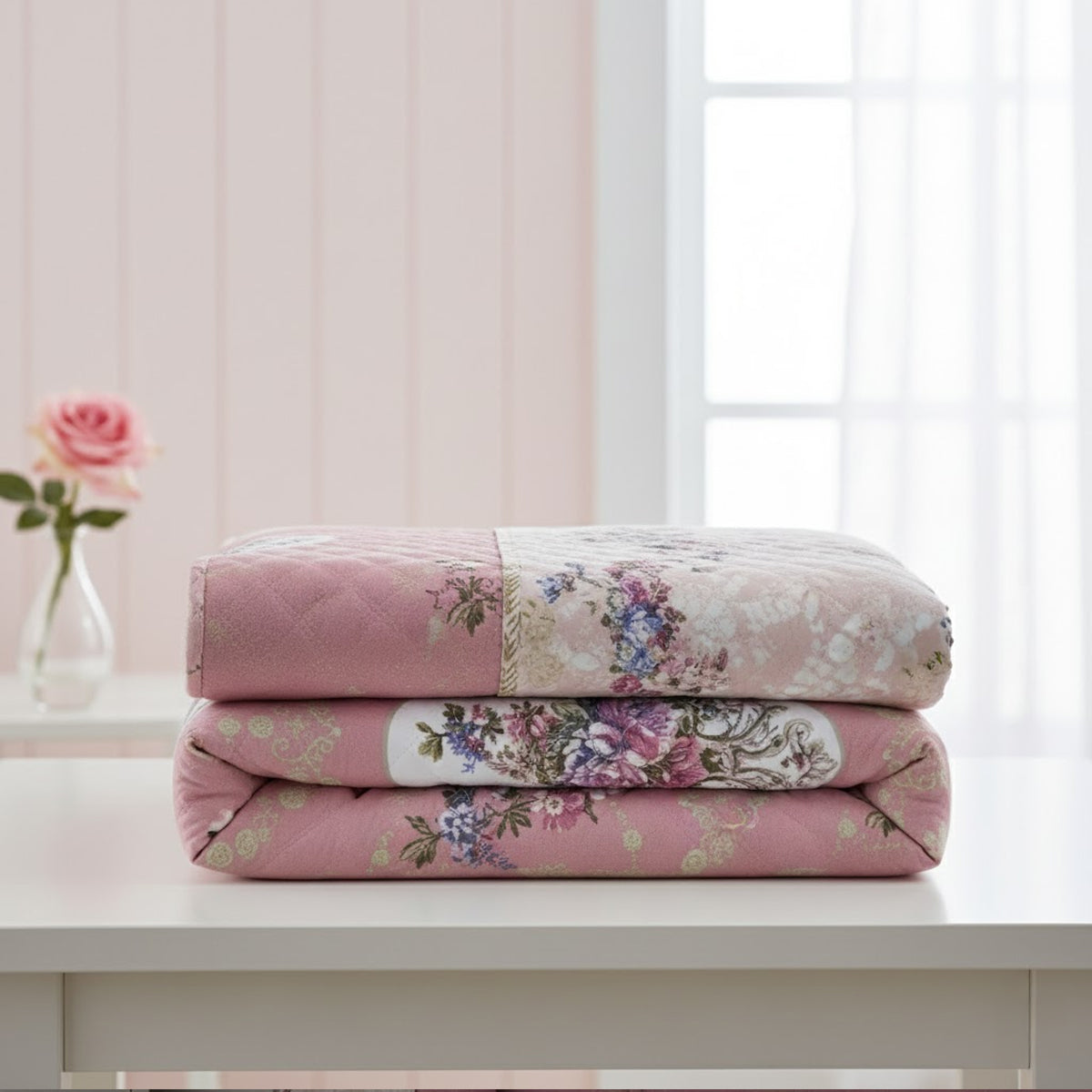 Elegant Pink Floral Pure Cotton Quilted Bed Cover Set