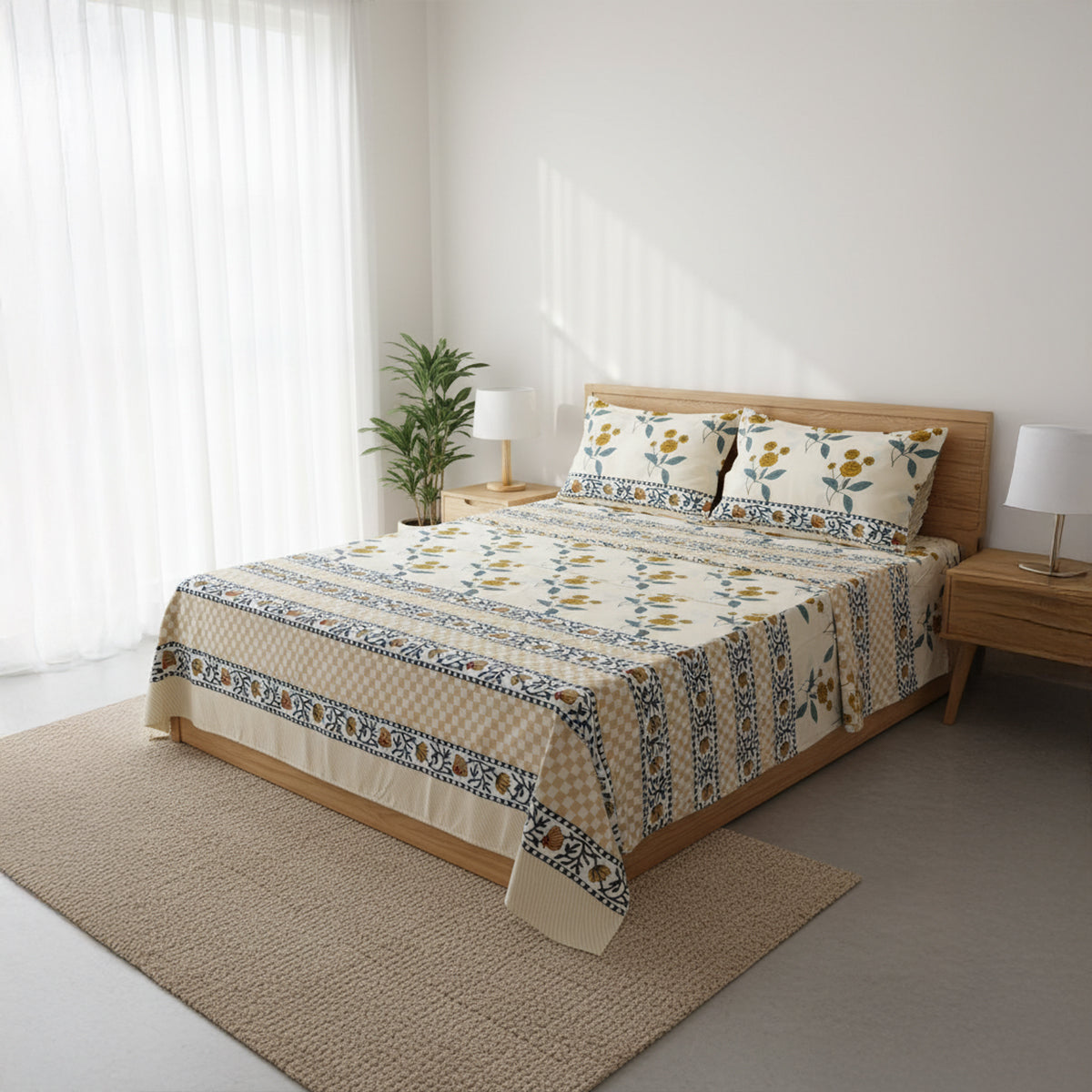 JivaCasa Premium Cream Floral Glace Cotton Queen Size Bedsheet