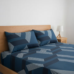 Urban Geo Peacock Blue Elastic Cotton Bedsheet Set