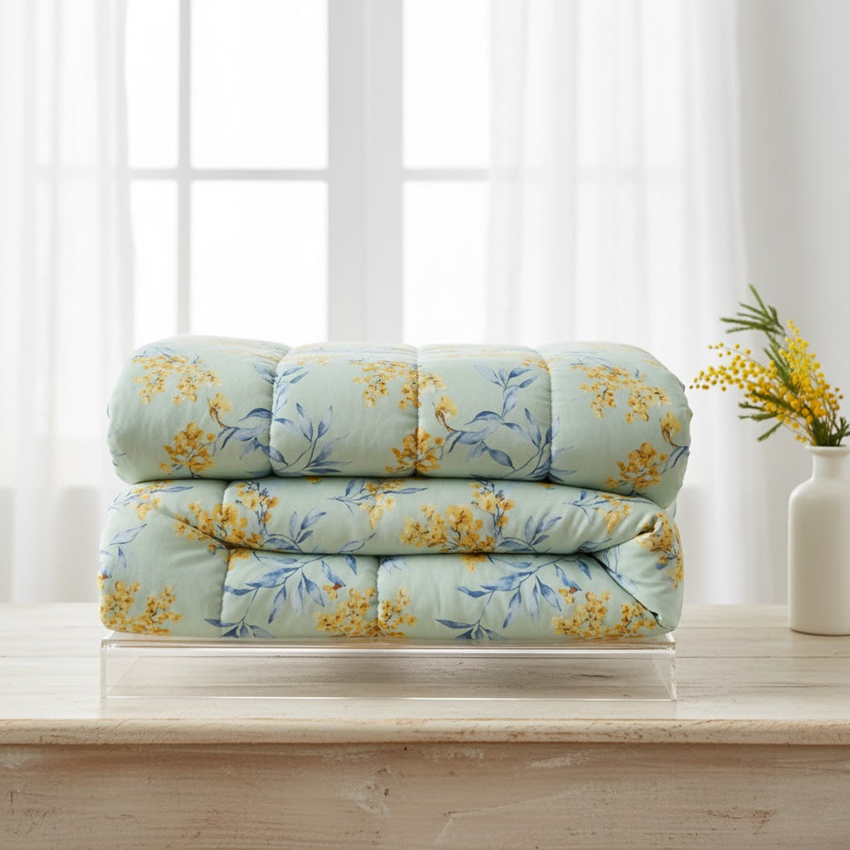 Light Green Floral Pure Cotton Quilted Bed Cover Set