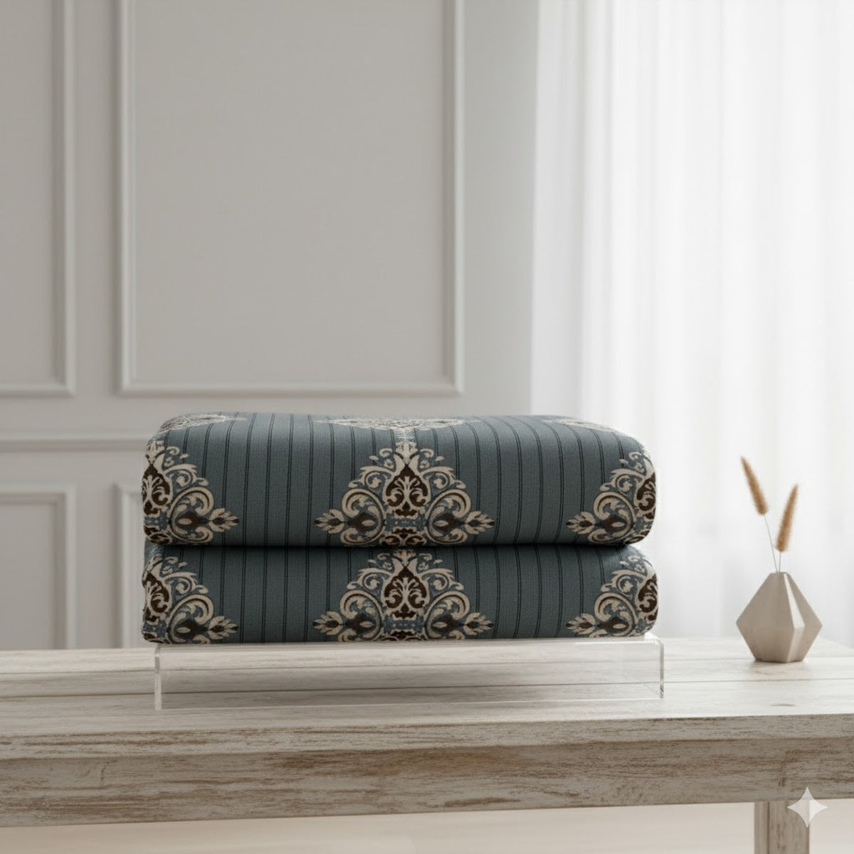 Deep Slate Blue with Classic Ornate Print Bedsheet Set