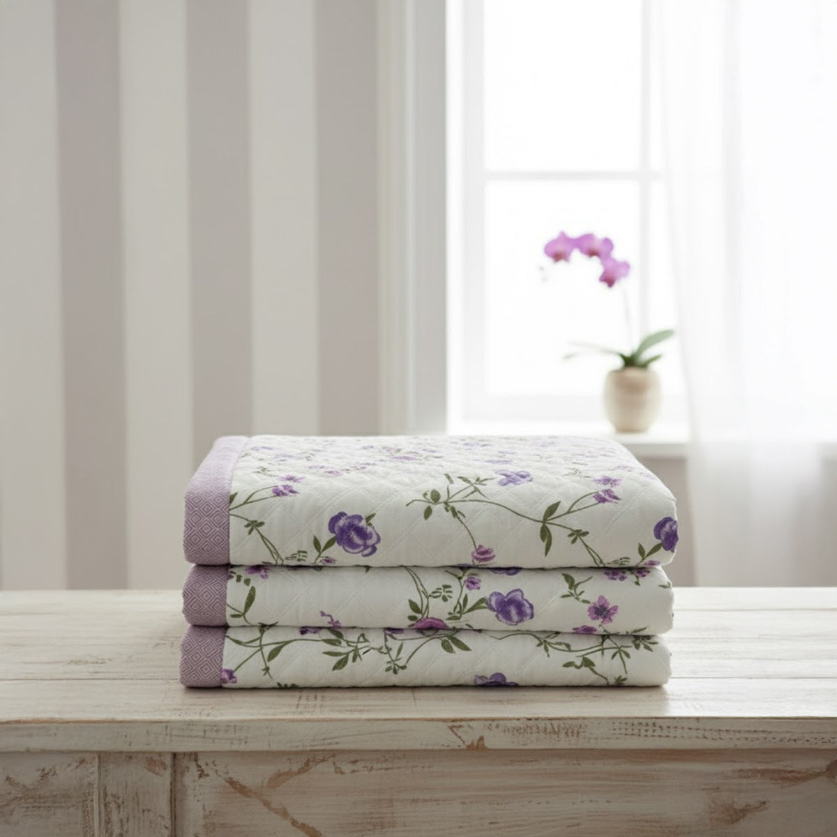 Pure Cotton Floral Quilted Bed Cover Set – White with Purple & Pink Flowers