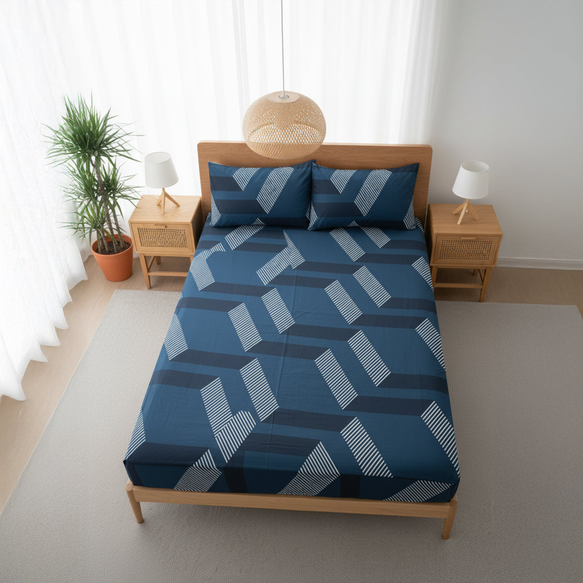 Urban Geo Peacock Blue Elastic Cotton Bedsheet Set