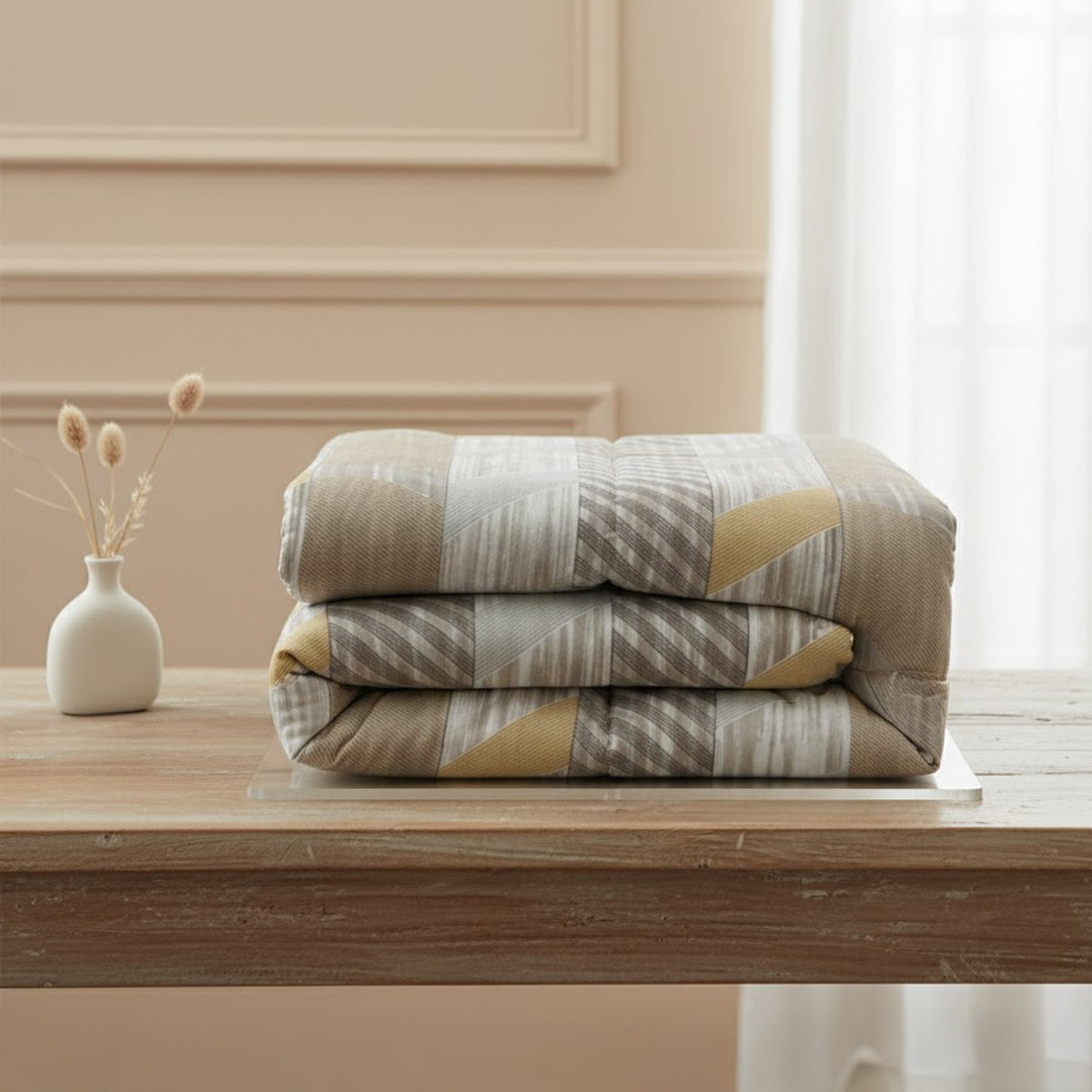 Premium Cotton Geometric Pattern Bedsheet Set – Shades of Brown, Grey & Beige