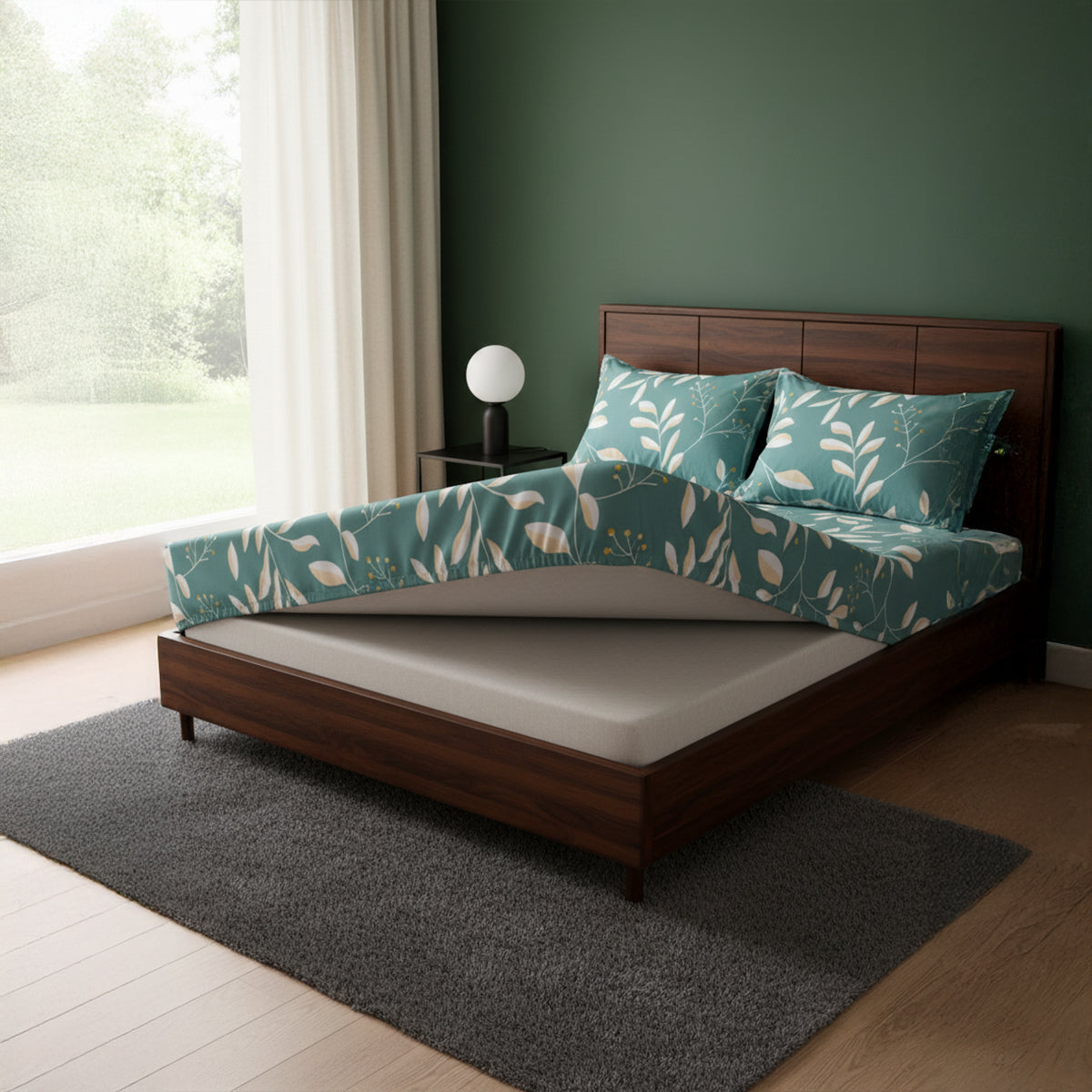 Botanic Sage Green Elastic Cotton Bedsheet Set