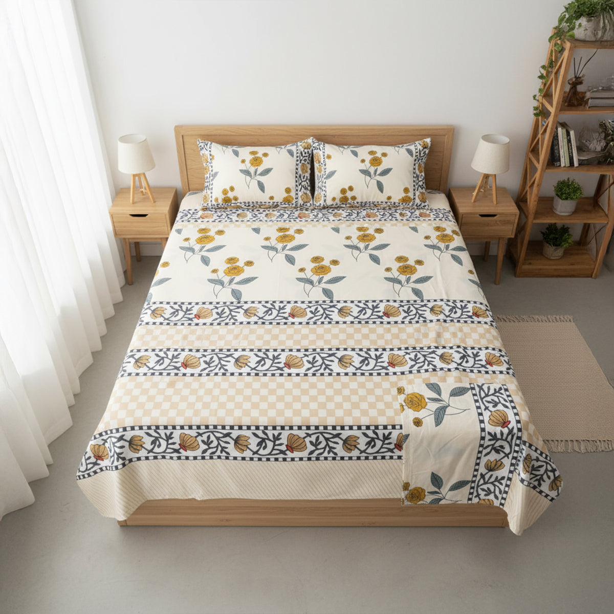 JivaCasa Premium Cream Floral Glace Cotton Queen Size Bedsheet