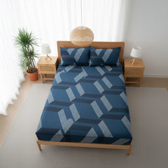 Urban Geo Peacock Blue Elastic Cotton Bedsheet Set